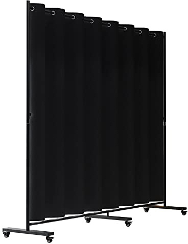 Madamera Adjustable Room Divider, 7 ft x 10 ft, 4 Rolling Wheels Curtain Divider Stand, Black Metal Frame, Blackout Curtain & Portable Tool, Expandable Screen for Office, Bedroom, Kitchen (Black)