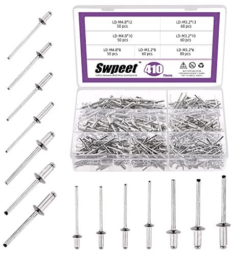 Swpeet Kit rivetti ciechi in alluminio con flangia piccola, 410 pezzi da 1/4 5/16 3/8 1/2, rivetti pop argentati, rivetti a estremità aperta per interni ed esterni