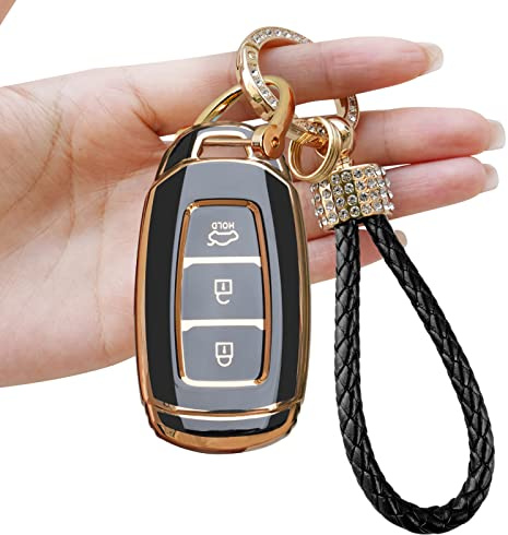 Yumzeco Silicone TPU Autoschlüssel Hülle Cover, 3 Tasten Autoschlüssel Cover Kompatibel mit Hyundai Tucson Elantra Palisade Santa Fe IG, Auto Keyless Smartkey Schutzhülle mit Schlüsselbund(Schwarz)
