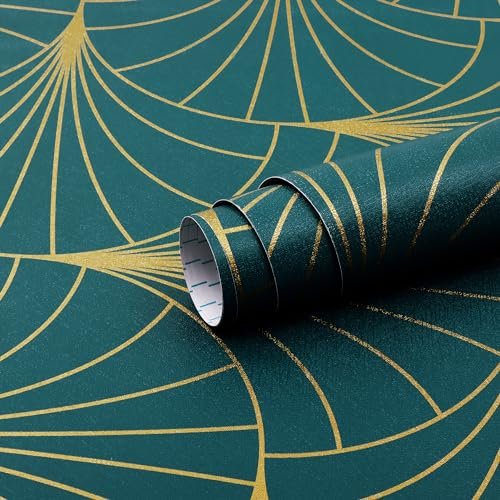 Safiyya Rollo de papel tapiz autoadhesivo extraíble con rayas geométricas doradas y verde azulado oscuro