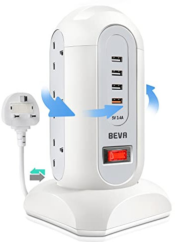 Tower Extension Lead, BEVA Surge Protected Extension Lead with 4 USB Slots 9 AC Outlets, UK Tower Power Strip with 1.65M Retractable Cable, Multi Plug Extension Socket with Switch for Home Office