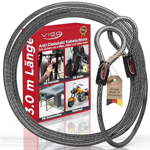 VIGO SPORTS® Panzer Stahlseil mit Ösen [3m] I 10mm starkes Kabelschloss zum Schutz deines Fahrrad, Grill, Gartenmöbel oder Kinderwagen vor Spontan Diebstahl I Witterungsbeständig und Langlebig (1Stk)