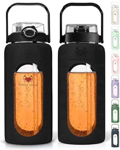 MIGHTY VESSEL 64 Oz Water Bottle with Time Marker & Straw - Black Pregnancy 2 Liter Glass Water Bottles with Measurements - Daily intake bottle - Leakproof Borosilicate jug
