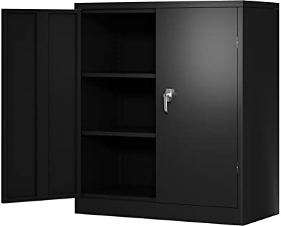FIONEL Aktenschrank Rollcontainer Aktenschrank aus schwarzem Metall mit 2 Türen und 2 Einlegeböden, abschließbarer Stahlschrank for das Büro Büroschrank