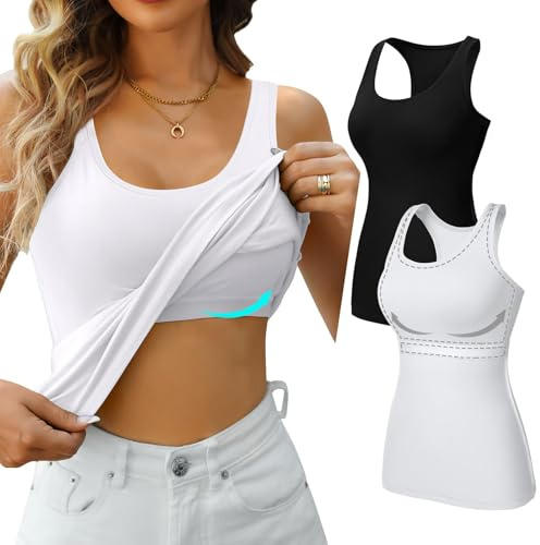 V FOR CITY 2 Pack Cotton Camisole for Women Gym Tank Top with Shelf Bra Black/White M