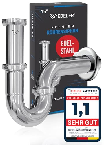 EDELER® Sifone universale per lavabo in acciaio inox, tubo di scarico regolabile in altezza, scarico lavabo 1 1/4 cromato, manicotto in gomma gratuito.