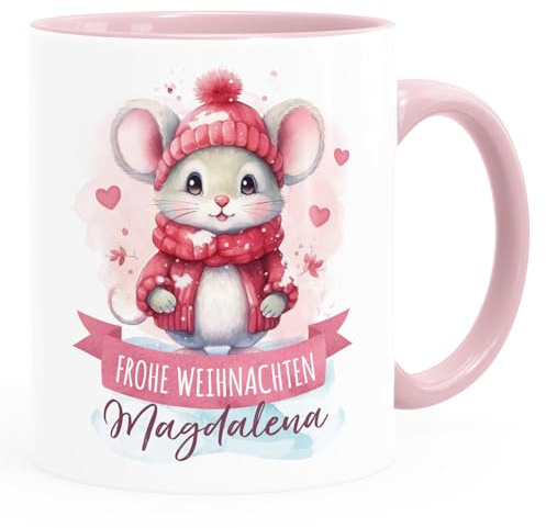 SpecialMe® Kindertasse Weihnachten Tier-Motive personalisiert mit Namen Namenstasse Geschenk für Jungen und Mädchen Weiss-innen-rosa standard