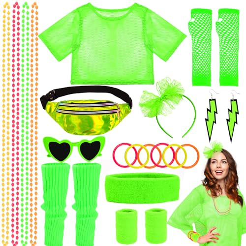 80er 90er Jahre Outfit Damen 80er Jahre Accessoires T-Shirt Gürteltasche Ohrring Halskette Zhandschuhe Brille Haarreif Stirnband Set Beinstulpen Armband Für Karneval Cosplay Party 80er Kleidung Damen
