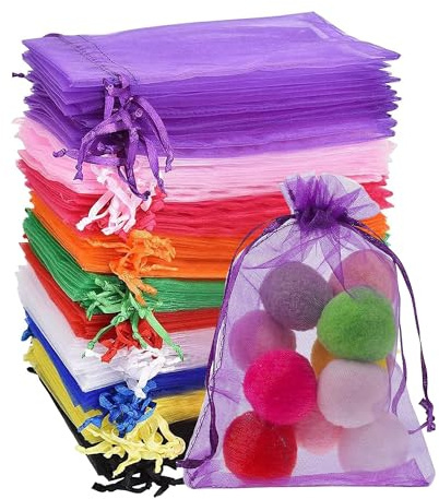 Rhimooay 100 Stück bunte Organzasäckchen 10x12cm mit Kordelzug für Schmuck, Hochzeit, Festivalparty
