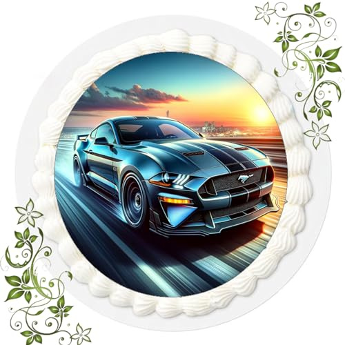 Für den Geburtstag ein Tortenbild, Zuckerbild mit Motiv Ford Mustang, Essbares Foto für Torten, Tortenbild, Tortenaufleger Ø 20cm FONDANT Muscle Car Nr. 8