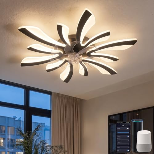 YUNLONG Smart Deckenventilator mit Beleuchtung, WiFi Lampe mit Ventilator Leise Kompatibel mit Alexa Google Home, Sprach/Fernbedienung/App Steuerung, für Schlafzimmer, Küche, Schwarz