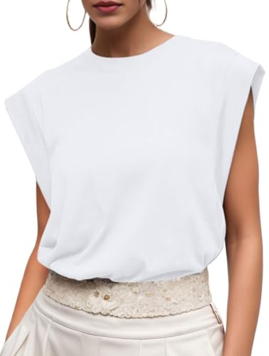 GRECERELLE T-shirt da donna in cotone con maniche ad aletta, vestibilità ampia, top basic da donna per casual comfort morbido girocollo estivo, bianco, L