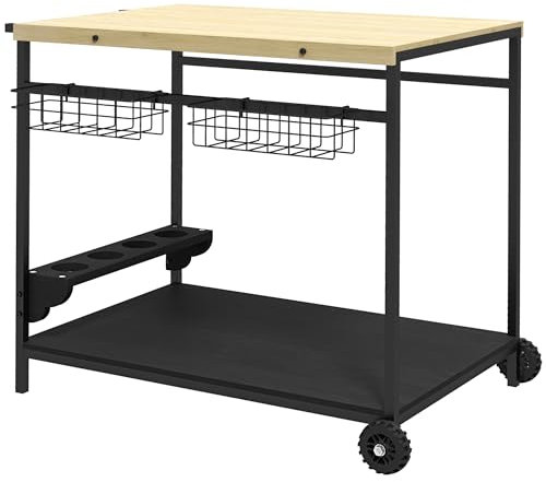 Outsunny Carrello da Giardino a 2 Ripiani, 2 Cesti e 4 Spazi Portabottiglie, Carrello Portaoggetti in Legno di Abete con Maniglia, 97.5x65x81 cm, color Legno e Nero