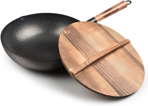 LRTYZBD Wok - Padella wok in ghisa martellata a mano con coperchio in legno, senza rivestimento, antiaderente, per stufe a gas/induzione/stufe - Diametro bocca della pentola: 32 cm