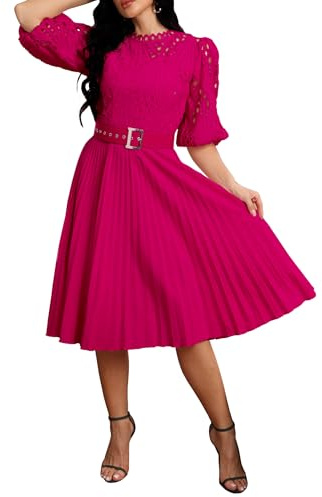 IWFEV Lace Pleated Dress With Puff Sleeves - Midi Length Hollow Party Evening Dress