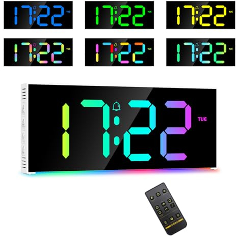 OQIMAX Väggklocka Digital Stor 12'' LED Digital Väggklocka med RGB Font Färg & Nattljus, RGB Väckarklocka Digital 5 Ljusstyrkor Dimbar, Fjärrkontroll, Datum/Tid, Nattfunktion Automatisk Ljusstyrka