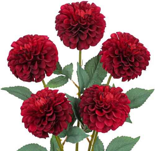 Hollyone 5 Stück Künstliche Dahlien Rot Kunstblumen Zweige Frühling, Dahlie Blumenarrangement Biegbar Gefälschte Blume Seidenblume für Vase Tischdeko Hochzeit Heimdekoration