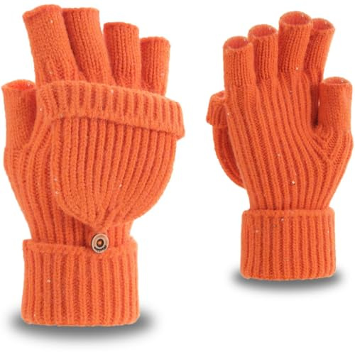 Yaopelky Fingerlose Winterhandschuhe für Damen und Herren, halbe und volle Glitzer-Strick-Fäustlinge Daumen mit Kappe, wandelbarer Thermo-Fäustling, One Size for most adults