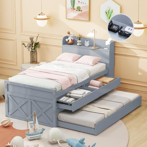 Kinderbett Einzelbett 90x190 cm, Funktionsbett mit 2 Schubladen & ausziehbarem Bett & Lattenrost, Stauraum Kopfteil mit USB-Anschluss, Stauraumbett Jugendbett Holzbett Bettgestell, Ohne Matratze, Grau