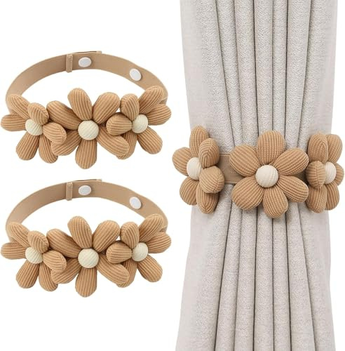 VIDSTW 2 STK Verstellbare Blumen Gardinenhalter Blume Raffhalter (Khaki) | Elastisch Vorhang Halter mit Verstellbaren Riemen Süße Boho Dekorative Vorhanghalter Beige Gardinen Seil für Gardinen Deko