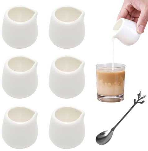6 Stück Saucenkännchen Porzellan Mini 50ml, Kleine Soßenkännchen Weiß Porzellan mit Löffel, Milchkännchen Porzellan Weiß Klein für Milch Kaffee Sauce Soße Sirup Server