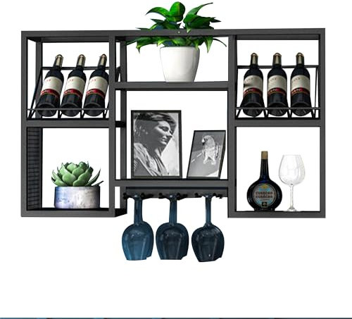 Weinregal Wand Metall Flaschenregal Wine Rack Bar Regal Wand Weinschrank Hausbar Schmal Barschrank Weinständer mit Weinglashalter Getränke Regal Mini Bar für Bartheke Wohnzimmer Küche(Nero,100*660*25c