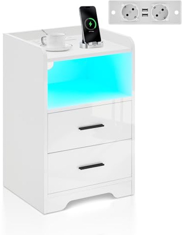 TUKAILAI Nachttisch mit Ladefunktion LED, Nightstand Holz Beistelltisch mit 2 Schublade, Nachtschrank für Schlafzimmer Modern Kommode Hochglanz Weiß 40 * 35 * 65 cm