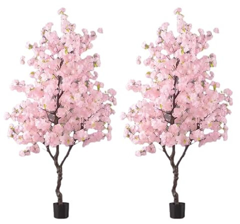Künstlicher Baum 2er-Set Kirschblüten-Kunstbäume mit Vase, Atemberaubende Kunstblume Als Dekoration für Den Außenbereich, Pflanzen- und Baumimitation für die Veranda, Fast Natürlich(Pink,H 50cm(1.6ft)