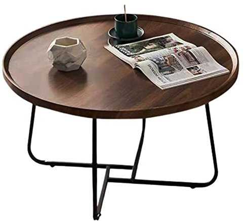 Table basse ronde moderne en bois de noyer avec cadre en métal noir, multifonctionnel, petit meuble de ménage pour le salon (taille : 70 x 46 cm)