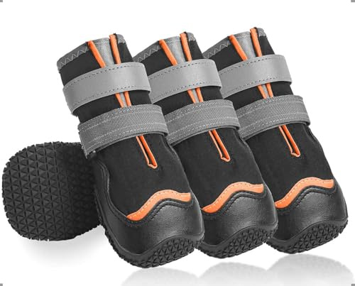 Ohcozzy Wasserdicht Hundeschuhe, Anti-Rutsch Hundestiefel mit reflektierenden Riemen, Verschleißfeste Gummisohle Hundeschuhe Pfotenschutz fürkleine, Mittlere und Große Hunde 4 Stück(XL, Orange)