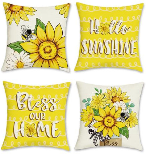 Bonhause Summer Floral Cushion Covers 45 x 45 cm Yellow Flower Sunflower Bee Decorative Throw Pillow Covers for Sofa Couch Bed Home Garden Patio Outdoor Decor Set of 4
