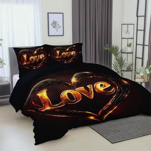 Set Copripiumino 230 x 220 cm Lettere Eleganti A Forma Di Cuore In 3D Set Copripiumino In Microfibra, Reversibile Biancheria da Letto 3 Pezzi, Copripiumone Con Cerniera e 2 Federe 50x75 cm Nero