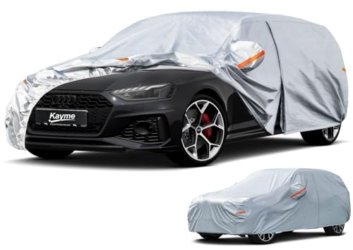 Kayme Autoplane Kombi,Autoabdeckung Wasserdicht Atmungsaktiv,Auto Abdeckplane für Regen Sonne Staub Schutz, Auto Abdeckung für Audi A4 Avant,V60,VW Passat Estate etc.Siehe AutoGrößentabelle A4,Silber