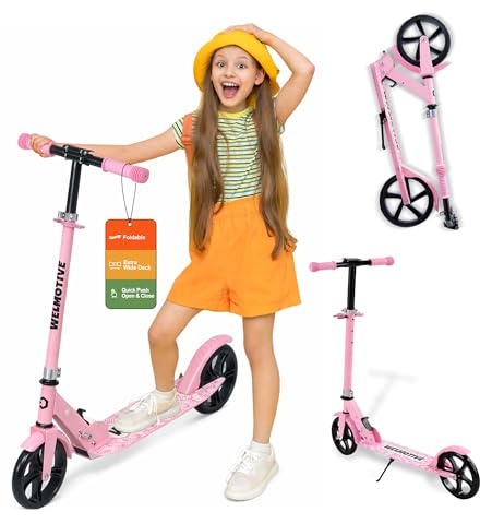 Kick Scooter for Kids Ages 6+, Teens & Adults, Adjustable Handlebars, Rear Brake, Big Wheel Foldable Scooter for Indoor & Outdoor