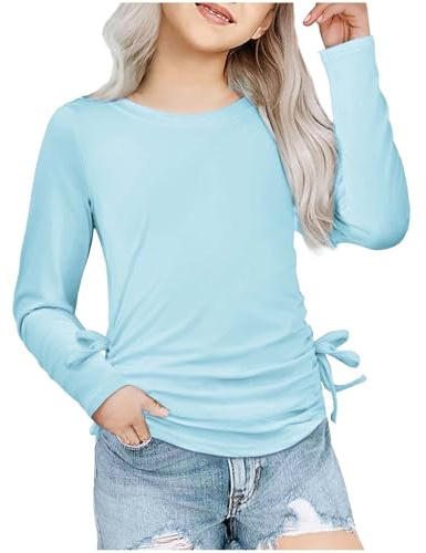 Mjjsk T-shirts d'été 2025 mignons à manches longues unis t-shirts basiques pour enfants, t-shirt respirant et léger, décontracté, doux, tendance pour l'automne, bleu clair, 13-14 ans