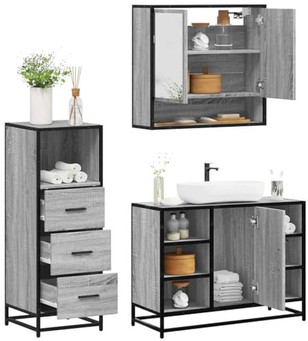 LLEZKBR Möbelset – badrumsmöbler set – 3 delar badrumsmöbler set grå Sonoma konstruerat trä
