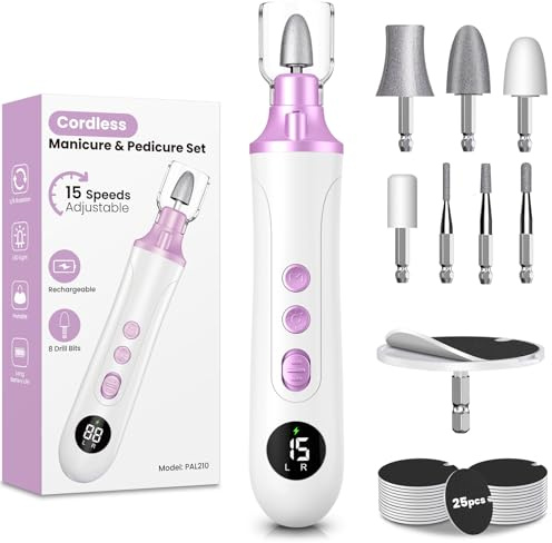 Nail Drill Cordless, Professional Electric Nail File with 15 Speeds, 9 in 1 Rechargeable Pedicure Sets for Feet, LED Light, Nail Files Electric Nail Drill E File for Acrylic and Gel Nails Toe Nails