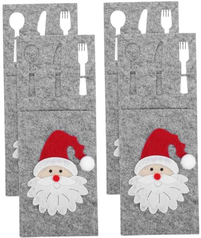 FIXOSHEE 4pcs Christmas Cutlery Bag Set Gray Rectangular Silverware Holder Fork Pouch Party Table Decoration Festive Stainless Steel Utensil Holder for Banquet