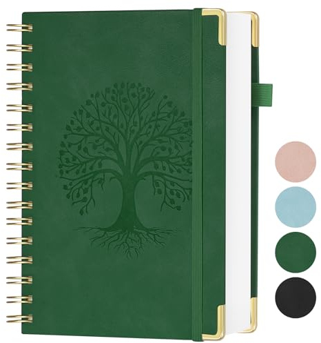 AOOSU Cuadernos de Espiral, Cuaderno A5 de 300 Páginas, bloc de notas con tapa dura Gomas Elásticas 100 g/M² Papel Autado A Líneas para Escribir, Trabajar, Estudiar, Agenda (Verde)