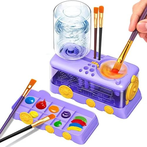 Auto Water Circulation Paint Brush Cleaner with Palette and Brush Holder | Press-Button Auto Water Circulation 400ML Brush Rinser for Chalk, Watercolor & Calligraphy Brushes (Purple)