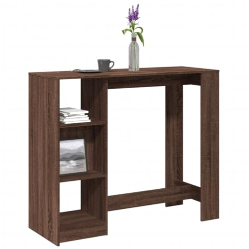 QUAHEAS Bartisch mit Regal Braun Eiche 124x46x103,5 cm, Hochtisch aus Holzwerkstoff, Stehtisch für Küche und Wohnzimmer, modernes Design mit 4 Fächern für Stauraum