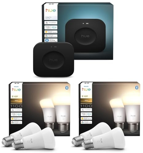 Philips Hue Lot de 2 ampoules intelligentes blanches 1100 A60 E27 (4 ampoules) + concentrateur intelligent Hue Bridge Pro | Éclairage intelligent sans fil, commande vocale, fonctionne avec Alexa et