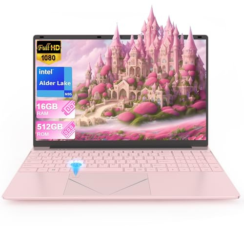 15,6 - Ordenador portatil Rosa 16 Go RAM 512 Go SSD, PC Portatil Alder Lake-N95, Le Soutien Laptop Computer Touch ID, WiFi, BT4.2, rétroéclairage du Clavier, adapté aux étudiants/Entreprises