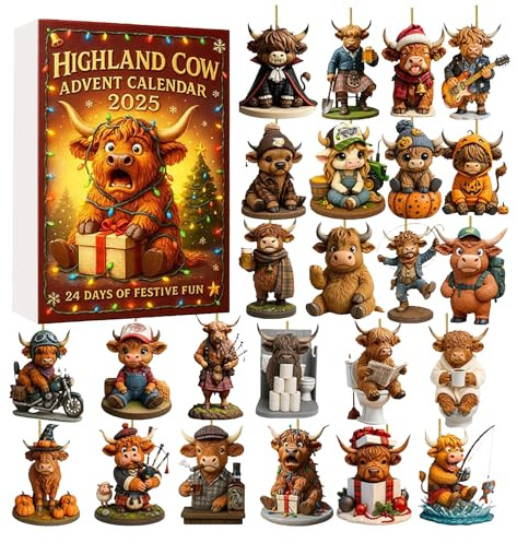 Highland Cow adventskalender 2025, 24 dagar jul nedräkningskalender med 24 unikt 3D mini highland ko ornament, julgåvor perfekt semester för koälskare (B-2d)