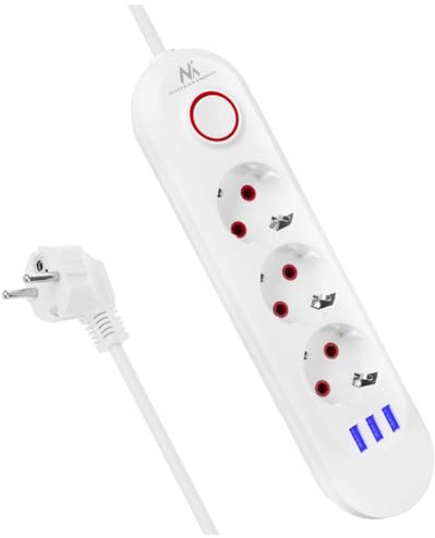 Maclean MCE394/MCE395 grenuttag | USB 2500 W 1,5 m | Kompakt med strömbrytare, upplysta USB-portar 45° | väggmontering (vit, 3 anslutningar)