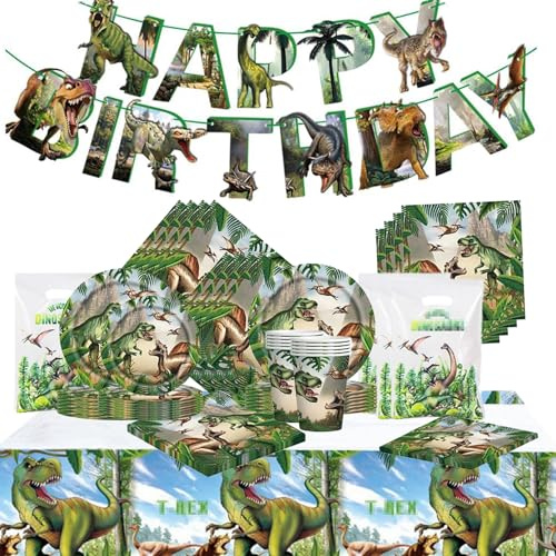 102 Pezzi Dinosauri Stoviglie per Feste di Compleanno，Dinosauri Addobbi Compleanno，Tovaglia，Piatti Carta，Sacchetto regalo，Striscione，Adatto a 20 persone