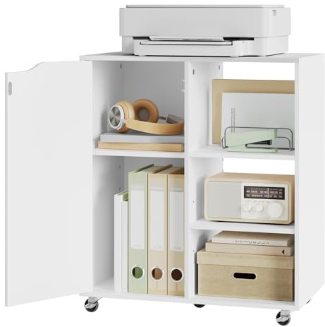 WOLTU Armario para Impresora con Ruedas, Mueble Auxiliar de Oficina con 3 Estantes Abiertos y 2 Ocultos Tras Puerta, Armario Almacenamiento Multifuncional, 60x35x70 cm, Blanco