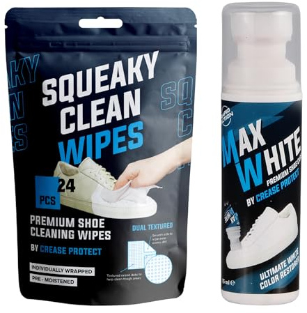 Crease Protect Max White Shoe Whitener & Cleaning Wipes Bundle – Restore Shoes, Trainers & Sneakers with Whitening Touch-Up & Deep Clean Wipes (Max White Shoe Whitener + Shoe Cleaning Wipes)