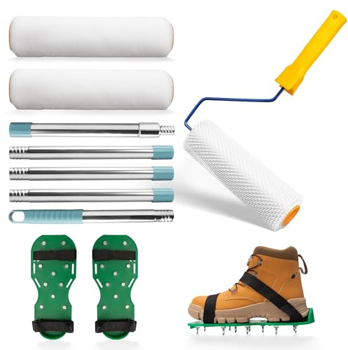 kit de Herramientas de Autonivelación de Cemento, Rodillo de Púas Autonivelante 23 cm 2 Rodillo Pintura 23 cm Puntas de Pisos Palo Telescopico Limpieza 1,5 m, Mortero Autonivelante