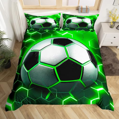 Homewish Kids Football Single Duvet Cover Honeycomb Teenage Boys Bedding Set - Cool Neon Soccer Themed Quilt Cover with 1 Pillowcase - Green Geometric Bed Set with Black Reverse - Microfibre